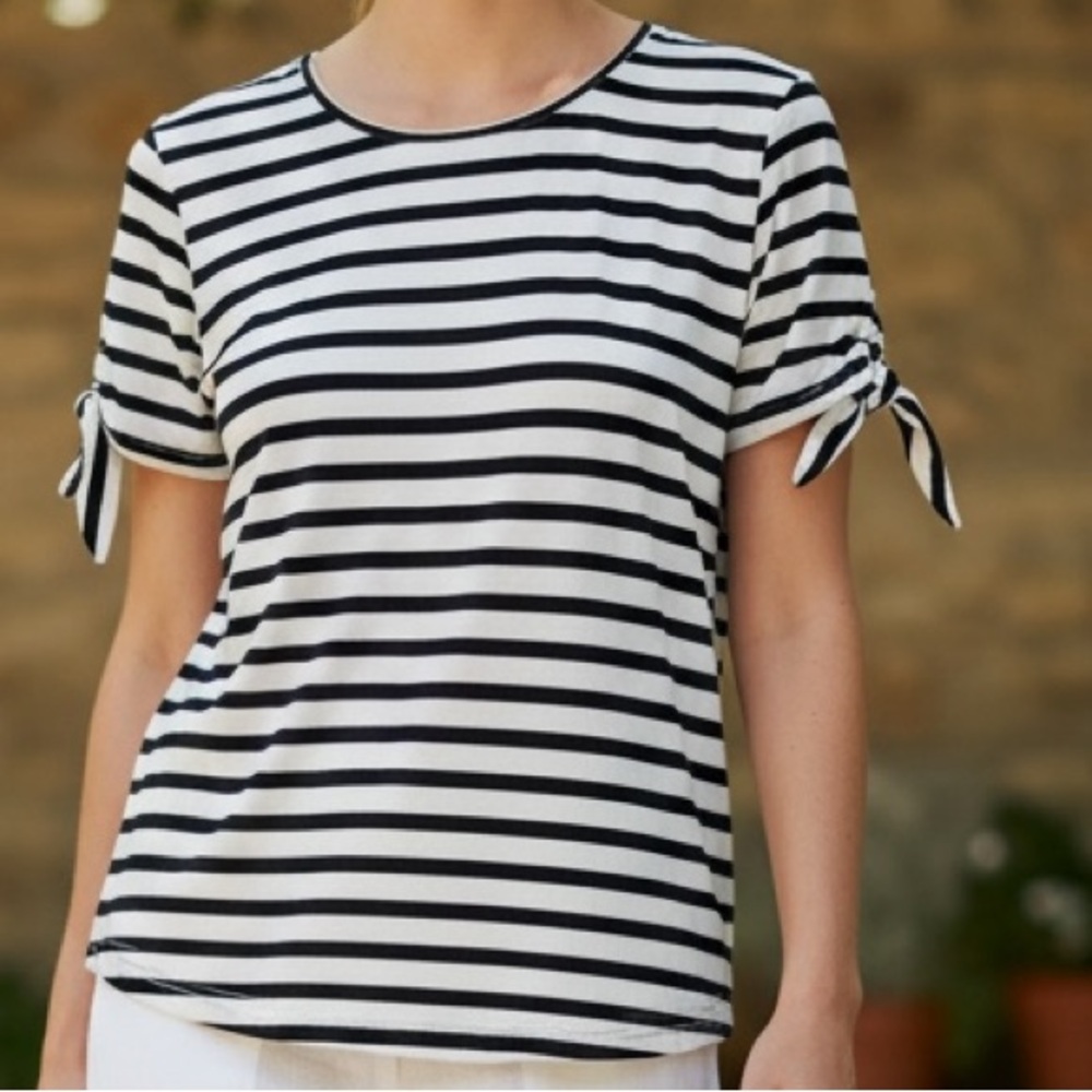 GREEN ENVELOPE BLACK & WHITE STRIPED TIE-SLEEVE TEE Size L Scoop Neck